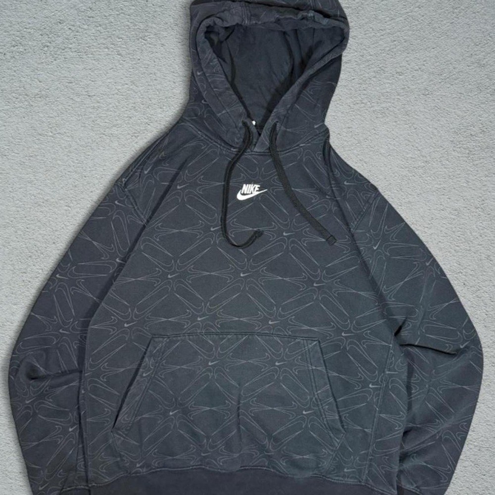 Nike Mens Center Swoosh Geometric Pattern Pullover Hoodie Black Gray Medium